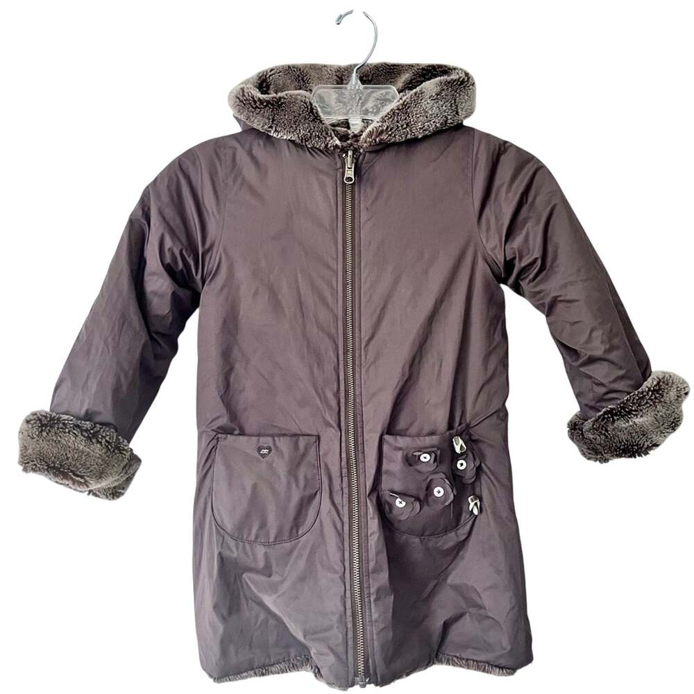 Lili Gaufrette girls long reversible winter coat faux fur jacket size 4